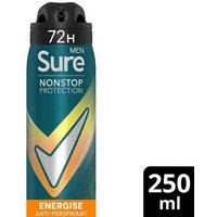Sure Men Energise Anti-Perspirant Deodorant Spray 250ml - Long-Lasting Odour Defence for Men, Alcohol-Free, 3 or 6 Pack