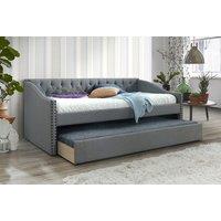 Upholstered Bed with Grey Linen Chesterfield Frame & Pull-Out Trundle - Space-Saving Guest Storage Solution
