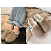 Unisex Black Women'S Faux Fur Shearling Slip-On Mules - Birkenstock Style, Pu Leather, Warm Lined, Casual Comfort