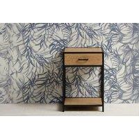 Black Oak Finish Bedside Table 1 Drawer Metal Frame Nightstand