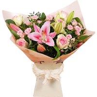 Pink Blush Hand-Tied Bouquet - Elegant Roses & Lilies