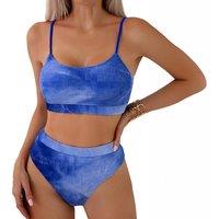 Blue Women's Tie-Dye High Waist Bikini Set - Scoop Neck, Stretchy, Vibrant