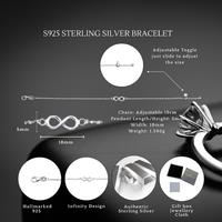 Sterling Silver Infinity Bracelet S925 - Adjustable, Hallmarked, Hypoallergenic, 19cm Chain