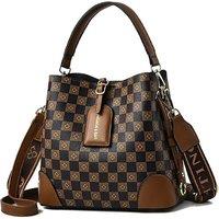 Women'S Large Capacity Checkered Tote Bag - Khaki Or Coffee