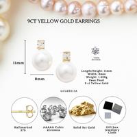 9Ct Gold 8Mm Pearl Stud Earrings Solid With Hallmark