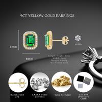 9ct Gold Emerald Cut Halo Stud Earrings with Hallmark