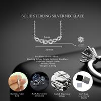 Sterling Silver Triple Infinity Necklace - S925 Hallmark, Cubic Zirconia, Hypoallergenic Chain