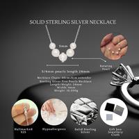 Sterling Silver Five Pearl Adjustable Necklace - S925 Hallmark, Minimalist Chain, Gift-Ready