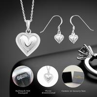 Sterling Silver Plain Puff Heart Necklace And Hook Earrings Set
