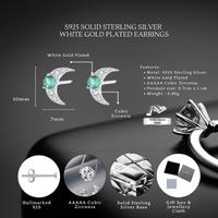 Sterling Silver Crescent Moon Stud Earrings with Emerald Green Cubic Zirconia - S925 Hallmarked Fine Jewellery