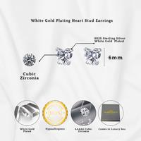 Sterling Silver Heart Stud Earrings - S925 Hypoallergenic 6mm Cubic Zirconia Studs, White Gold-Plated