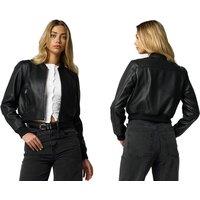Black Barney's Women's Genuine Sheep Leather Cropped Bomber Jacket - Trendy Waist-Length Fit, UK 8-18