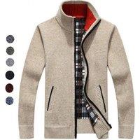 Unisex Blue Men'S Zipped Knit Sweater Jacket - Cotton Blend, Stand Collar, Lightweight Cardigan