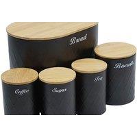 Black 5Pc Kitchen Canister Set Tea Coffee Sugar Bread Bamboo Lid