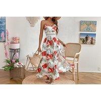 Unisex Red Women'S Floral Print Maxi Dress With Spaghetti Straps - 5 Sizes & 3 Colours