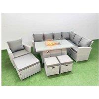 10-Seat Rattan Corner Sofa Set with Fire Pit Table & Stools
