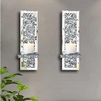 Set of 2 Silver Mirrored Wall Art Candle Holders - Crystal Glass, Modern Glam, 38x11cm Home Decor