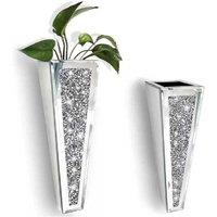 Set of 2 Modern Mirrored Glass Wall Hung Flower Vases - Crushed Diamond Home Decor