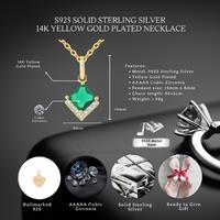 S925 Sterling Silver Emerald Green Pendant Necklace - 14K Gold Plated, Hypoallergenic, Adjustable Chain, Gift-Ready