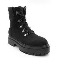 Unisex Black Women'S Faux Wool Platform Lace-Up Ankle Boots With Side Zip - Casual Flatform Winter Footwear