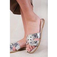 Unisex Silver Women'S Cut Out Strap Flat Sandals With Diamante Detail - Casual Summer Slip-On