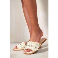 Unisex Cream Women'S Pearl & Diamante Embellished Flat Slider Sandals - Casual Slip-On Summer Footwear