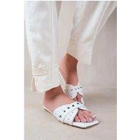 Unisex White Saturn' Double Cross Over Strap Flat Sandals With Stud Details
