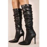 Unisex Black Women'S Faux Leather Londyn Stiletto Ruched Knee High Boots - Pointed Toe, Fashion Statement