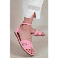 Unisex Pink Women'S Faux Leather Cut-Out Flat Sandals With Ankle Strap - Casual Summer Comfort Footwear