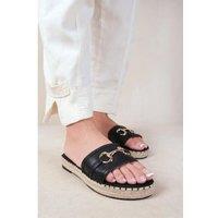 Unisex Black Jupiter Single Strap Flat Sandals Thread Design & Gold Detail