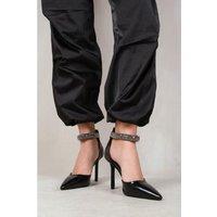 Unisex Black Women'S Diamante Pointed Toe Mid Heel Dress Shoes With Ankle Strap - Elegant Party Heels