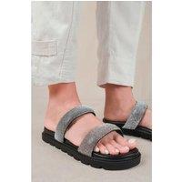 Unisex Black Women'S Faux Leather Flat Sandals With Clear Diamond Strap - Casual Summer Slip-On
