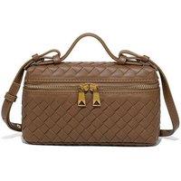 Unisex Brown Fashionable Hand-Woven Small Square Bag with Double Zipper & Strap