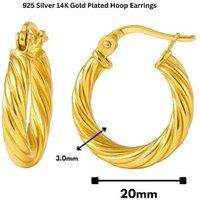 925 Silver 14K Gold Plated Twisted Hoop Earrings - 3Mm, Creole