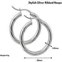 925 Silver Ribbed Hoop Earrings - Elegant Design,Sizes 24Mm-40Mm