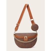 Unisex Black Vintage-Style Printed Crossbody Waist Bag With Multi-Way Carry Options - Round Or Square