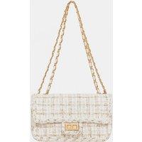Unisex Retro-Inspired Women'S Woollen Plaid Square Bag With Chain - Off-White Or Black