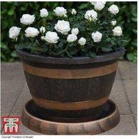 Large Wooden Barrel Effect Planter With Saucers - 40Cm Patio Pot