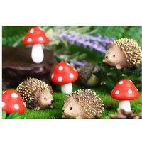 6Pcs Resin Hedgehog & Mushroom Garden Ornament Set - Weather-Resistant Outdoor Decor