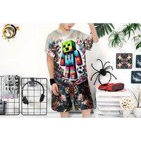 Minecraft-Inspired Boys' 3D Print T-Shirt & Shorts Set - 7 Sizes, 3 Colours