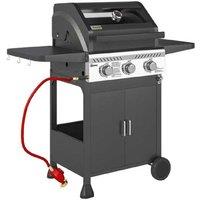7.5Kw 3-Burner Gas Bbq Grill With Glass Lid - Outdoor Cooking Station, Black