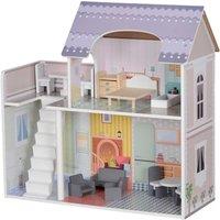 Charming 2-Storey Wooden Dolls House For Kids - 13 Furniture Pieces & Balcony
