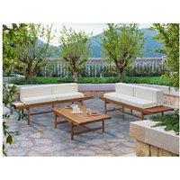 Rustic Acacia Wood 4-Seater Garden Lounge Set With Coffee Table - Off-White Cushions