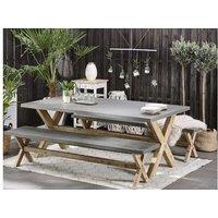 6-Seater Concrete Garden Dining Set With Benches - Weather-Resistant Fibre Cement & Acacia Wood, Modern Grey