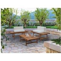 Rustic Acacia Wood 2-Seater Garden Lounge Set With Coffee Table - Off-White Cushions
