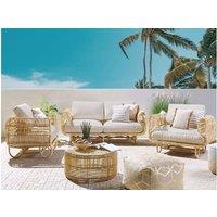 Beige Rattan Garden Lounge Set - 5 Seater Sofa & Table, Natural Cotton Cushions