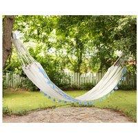 Cotton Garden Hammock With Boho Pompoms - 2-Seater, Light Blue & Beige