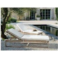 Set Of 2 Reclining Acacia Wood Sun Loungers With Cushions - Rustic Outdoor Garden Furniture