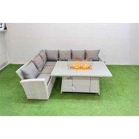 6-Seat Light Grey Rattan Corner Dining Set with Fire Pit Table - Weather-Resistant Modern Outdoor Lounge
