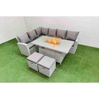 8-Seat Grey Rattan Garden Sofa Set With Fire Pit & Footstools - Modern Outdoor Dining